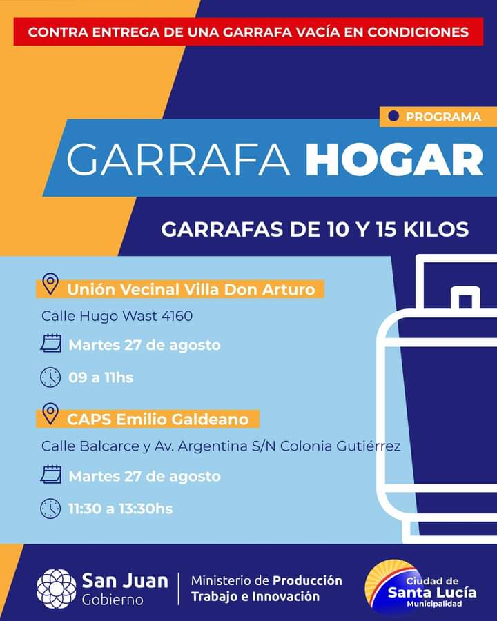Hoy en el departamento  de Santa Lucía venta de garrafa hogar