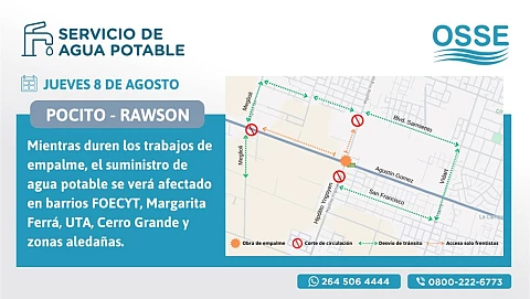 Zonas de pocito y rawzon  no tendran agua este jueves